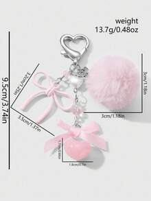 ROMWE Kawaii 1pc Elegant Sweet Minimalist Fashion Collegiate Style Faux Pearl Resin Heart Chain Ribbon Acrylic Bow Pom-Pom DIY Keychain Bag Charm, Suitable For Women, Daily Wear, Holiday Gift - Pink - View 6
