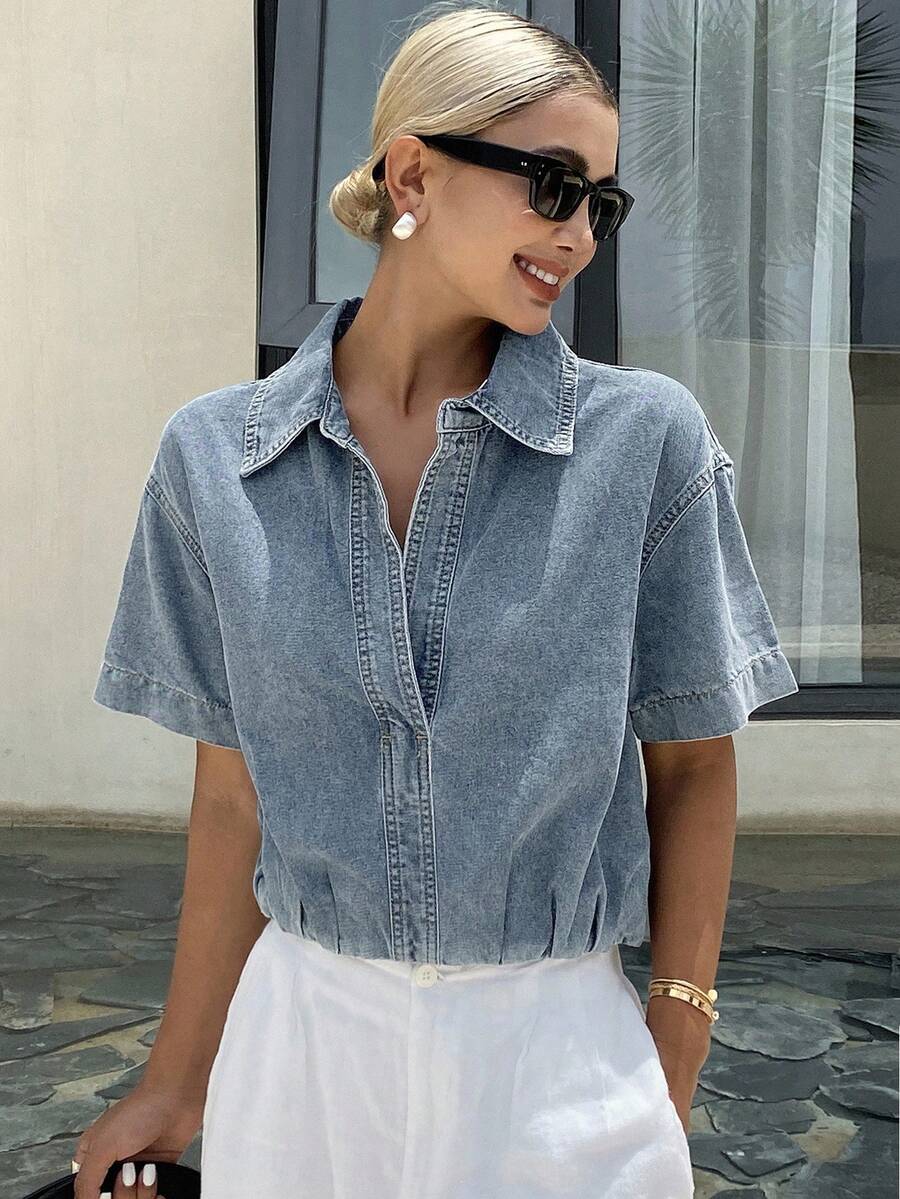 Livesso Women's Turndown Collar Short Sleeve Casual Loose Denim Blouse Women Jacket,Fall Women Clothes - Light Wash - View 1