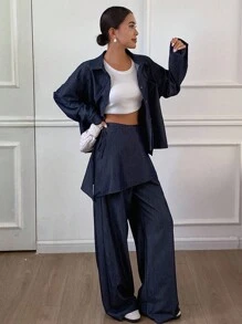 Livesso 女士休闲都市风宽松衬衫牛仔裤两件套，秋冬家居服套装 - 藏蓝色 - 查看 4