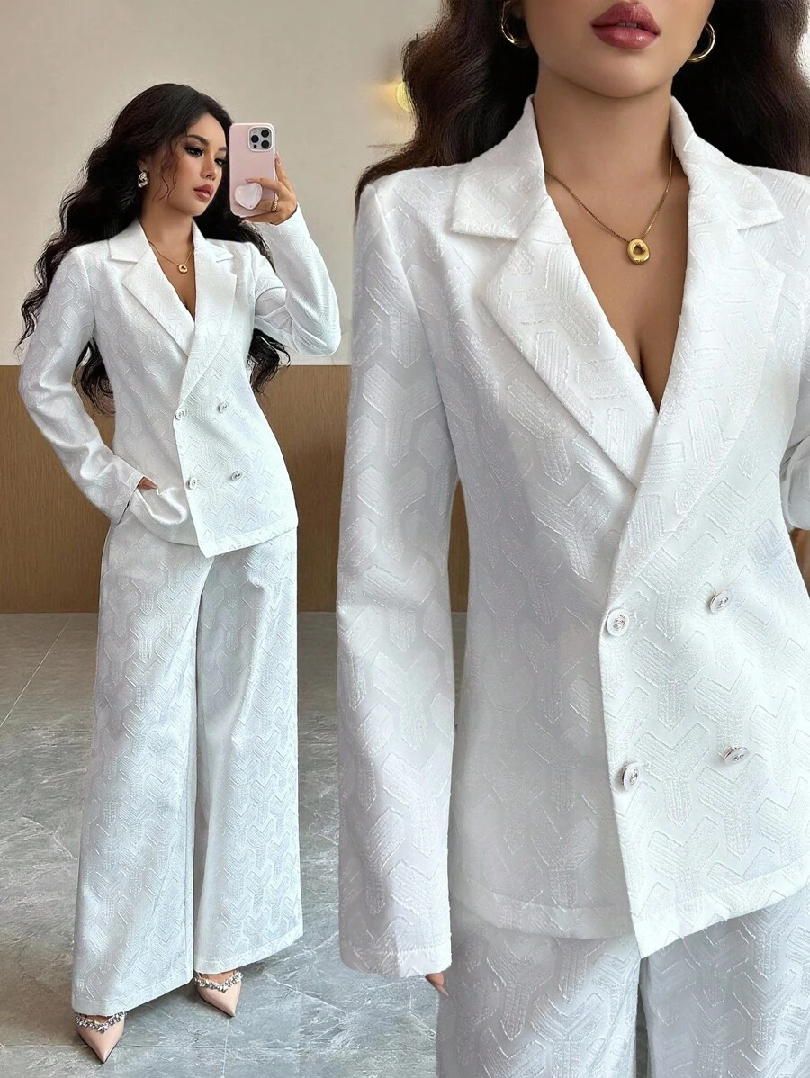 SHEIN Tall 女士优雅通勤白色提花面料缺口领双排扣装饰西装外套，长袖修身夹克+女士优雅通勤白色提花面料松紧腰长直筒裤 - 白色 - 查看 1