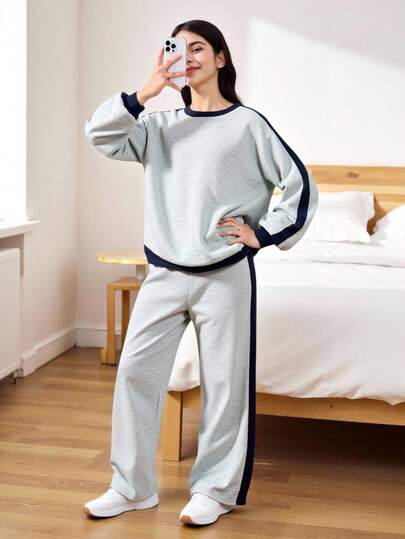 2 件套青少年女孩休闲运动家居服运动衫和阔腿运动裤套装，拼色超大圆领长袖连帽衫和裤子返校装，灰色和海军蓝