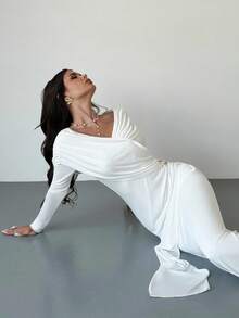 Firerie 女士休闲优雅金属装饰白色长袖连衣裙/派对礼服/新年礼服/优雅派对礼服/闪亮派对魅力礼服/约会礼服/缪斯礼服/女士秋季连衣裙/新年服装/婚礼宾客礼服/舞会礼服/女士奢华晚礼服 - 白色 - 查看 6