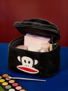 Paul Frank X SHEIN 1 件可爱毛绒猴子图案大容量圆柱化妆包，手提，超大空间，可存放化妆品瓶和日常用品，适合女性和青少年，猴子，时尚 - 黑色 - 查看 2