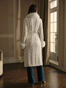 MOTF PREMIUM WOMEN'S FUR COLLAR RHINESTONE KNITTED BELTED CARDIGAN , AUTUMN/WINTER