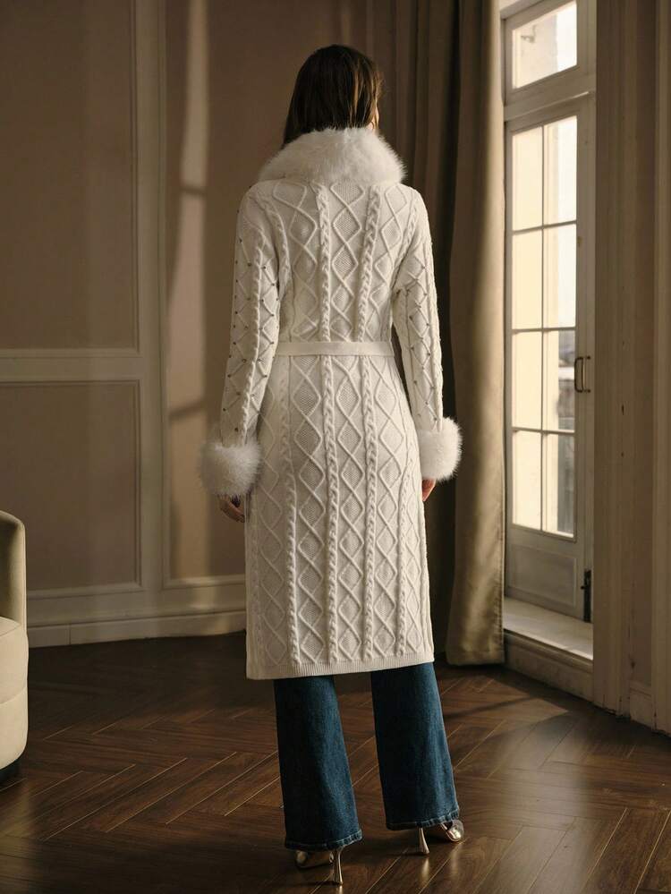 WOMEN'S FUR COLLAR RHINESTONE KNITTED BELTED CARDIGAN , AUTUMN/WINTER