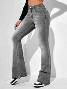 EURMUSE Quần jeans ống loe bỏ túi thời trang thường ngày dành cho nữ - Màu Xám nhạt - Xem 4
