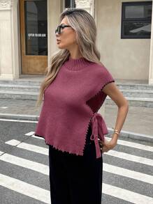 Serisse Áo vest dệt kim dáng rộng cổ đứng viền hoa buộc bên hông dành cho nữ vào mùa thu/đông - Đỏ - Xem 4