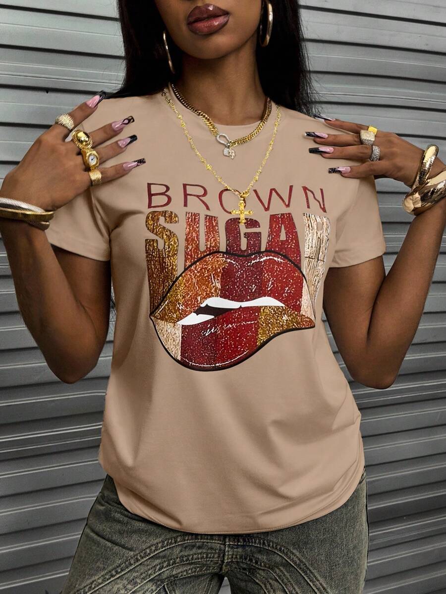 SHEIN Áo thun cổ tròn tay ngắn in chữ và phối màu thời trang mùa hè dành cho nữ - Màu Khaki - Xem 1