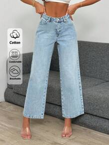 EURMUSE 高腰淺色洗水直筒短褲 - 淺色水洗藍 - 查看 1