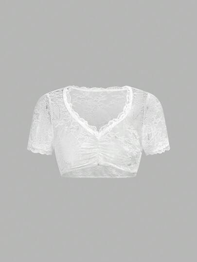 SHEIN Frenchy Women's Sexy Sheer Lace Cropped Top, Ladies' Lace Trimmed Short Sleeve Top With Sweetheart Collar And Ruched Design