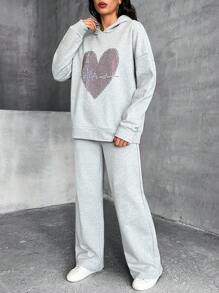 Casual Rhinestone Heart Hoodie & Sweatpants Set - Grey - View 3