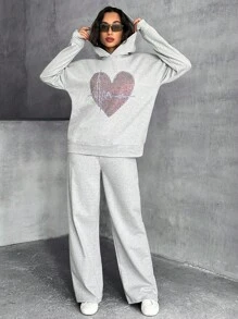 Casual Rhinestone Heart Hoodie & Sweatpants Set - Grey - View 6