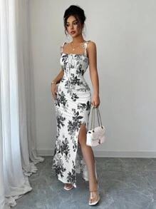 Elenzga 新款女式细肩带蝴蝶结腰部荷叶边下摆开衩设计连衣裙，适合约会、派对、日常穿着，优雅迷人 - 黑色 - 查看 4