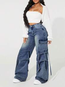 SHEIN ICON 大码女式工装口袋褶皱阔腿宽松休闲牛仔裤 - 霧霾藍 - 查看 5