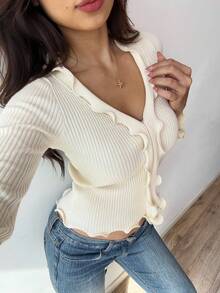 Sunnyshic 白色波浪荷叶边休闲修身女式针织上衣 - 米色 - 查看 6