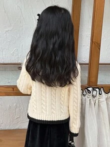 DAZY Cárdigan de cuello redondo con trenzado frontal de estilo coreano de punto de cable para niña, otoño e invierno - Blanco - Ver 2