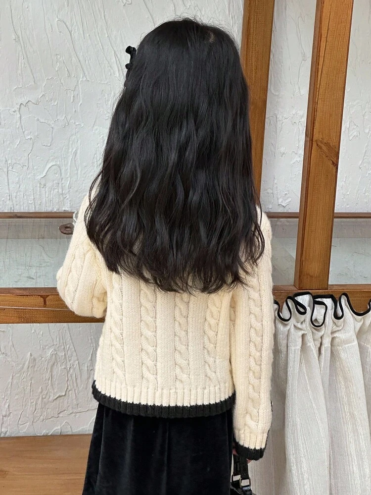 Young Girl Round Neck Korean Style Cable Knit Twist Front Cardigan Fall,Winter