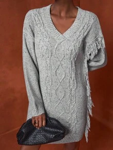 Zivah Robe en tricot à col en V avec franges torsadées grise pour femmes, style décontracté ample, automne/hiver - Gris - Voir 2