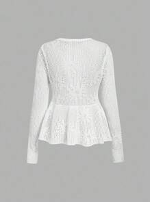 Skyraze 女士休闲纯色镂空针织系带开衫返校服装白色开衫休闲日常穿着、上衣、早午餐女士、文艺复兴博览会、音乐会女士、度假风格音乐节秋冬女士服装 - 白色 - 查看 2