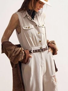 Bohemela BOHO Vintage Casual Solid Color Ripped Woven Sleeveless Jumpsuit For Women - Apricot - View 1