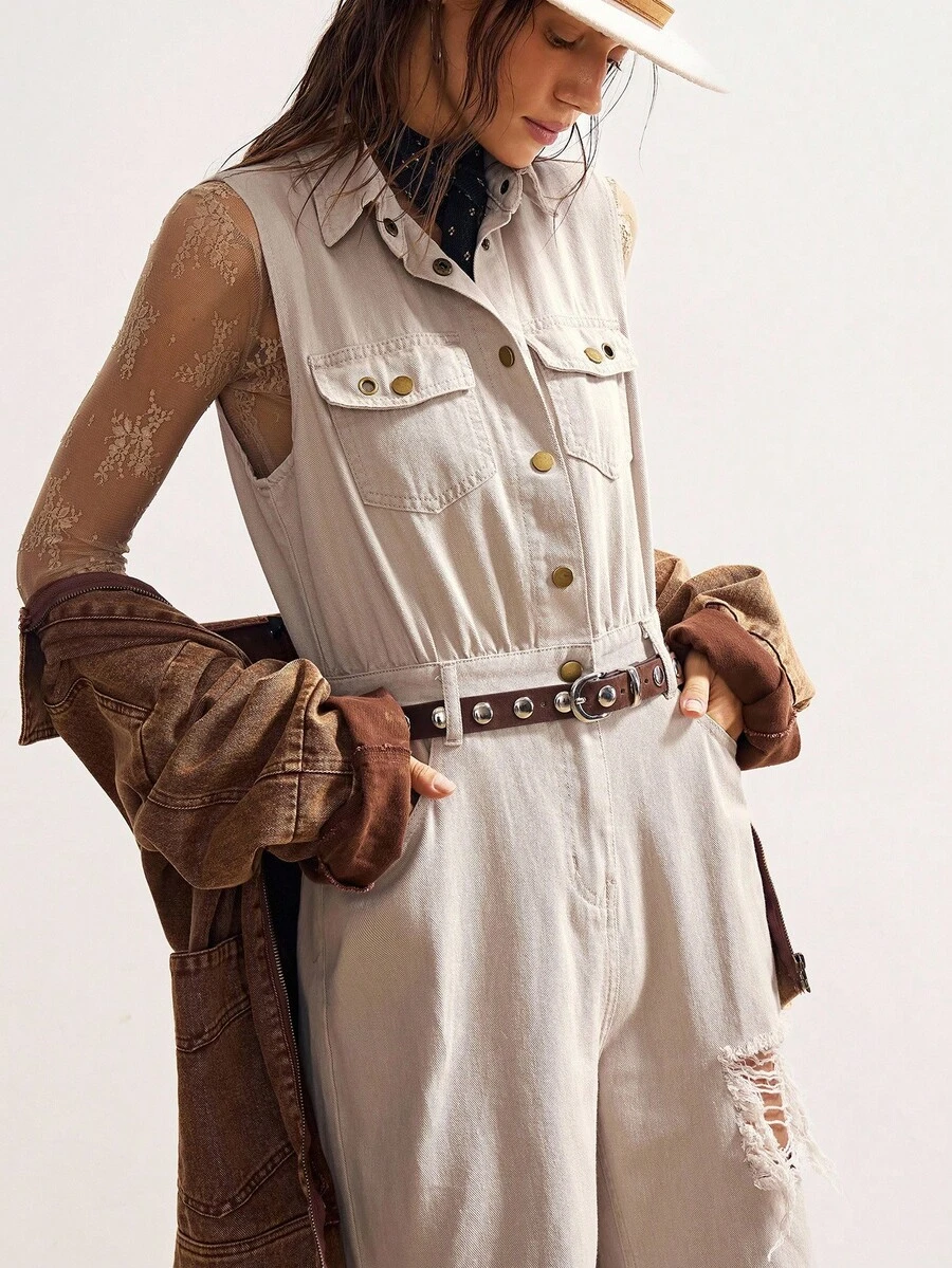 Bohemela BOHO Vintage Casual Solid Color Ripped Woven Sleeveless Jumpsuit For Women - Apricot - View 1