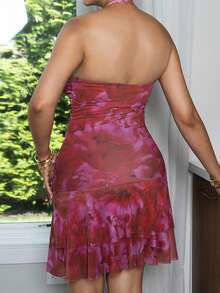 Melissa Matos Latest Design Printed Open Back, Metal Decor Waist, Flare Mini Dress - Red - View 2