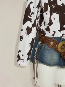 SHEIN ICON Fall/Winter Women's Western Boho Cow Print Zip Front Cropped Long Sleeve Jacket - Multicolor - View 4