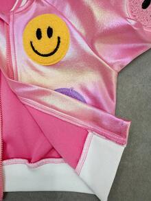 SHEIN Chaqueta de manga larga con estampado de carita sonriente rosa, versátil para otoño/invierno - Rosa - Ver 6