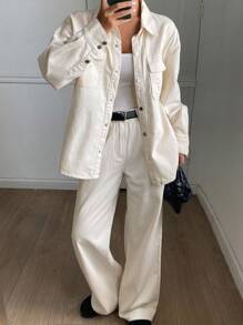 Livesso Women's Casual Denim Set With Collar, Pockets, Loose Fit Top And Pants Fall/Winter