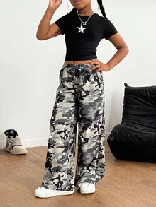 Sparklyn 2pcs/Set Tween Girl Streetwear Square Neck Star Print Tight Fit Short Sleeve T-Shirt + Loose Camouflage Wide Leg Pants, Casual Outfit, School, Campus, College