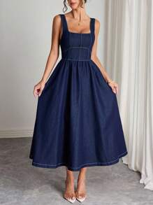 Elenzga 女式方领无袖束腰褶皱水洗牛仔连衣裙 - 深色水洗藍 - 查看 3