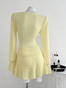 SHEIN Unity 2pcs Women's Casual Daily Solid Color Knitted Textured Cream Yellow Deep V Bubble Ruffle Long Sleeve Fashion Mini Dress + Safety Shorts, Autumn - Yellow - View 2