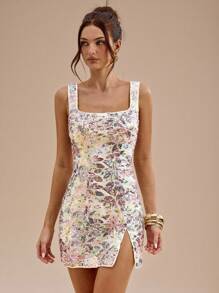 SHEIN BAE 优雅亮片花卉细肩带迷你连衣裙，缀饰花卉吊带裙，适合度假、音乐节、生日、早午餐、婚礼宾客装束、伴娘、秋冬 - 彩色 - 查看 1