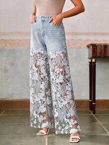 Anewsta Women's Fashion Lace Rhinestone Straight Leg Pants