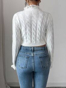 Elenzga Suéter corto ajustado, elegante y femenino con cuello redondo, parches de encaje, mangas largas, parches de encaje y adornos de rhinestone para mujer, nuevo para otoño/invierno - Blanco - Ver 2