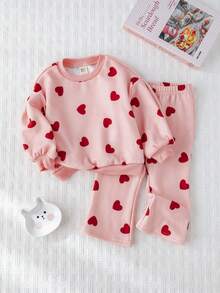 Cozy Pixies 2 件套女婴心形图案针织柔软圆领长袖运动衫和松紧腰喇叭裤套装 - 彩色 - 查看 4