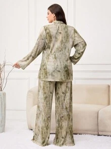 Veilorie Conjunto de camisa casual de manga larga y pantalones de estilo árabe con estampado de color contrastante para mujer de talla grande