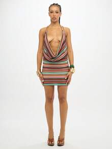 SUMWON WOMEN 多色条纹针织露肩吊带迷你连衣裙，串珠露背设计，波西米亚风，适合节日、夏季派对和海滩穿着 - 彩色 - 查看 2