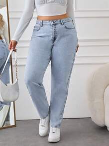 SHEIN Cottnline 100% Baumwolle Plus hohe Taille Mom Fit Jeans - Helle Waschung - Übersicht 5