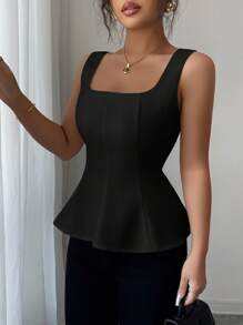 Elenzga Women's Elegant Square Neck Sleeveless Blouse With Front Slit, Suitable For Office, Commute, Afternoon Tea, Party, Vacation, Casual Wear, Spring/Summer - Black - View 4