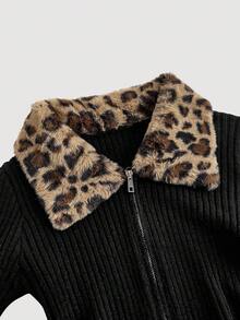 Skyraze 女式拉链前长袖黑色豹纹领时尚针织开衫秋冬 - 黑色 - 查看 7