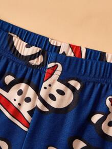 Paul Frank X SHEIN 2pcs Tween Boy Cartoon Pattern Crew Neck Long Sleeve Top And Pants Comfortable Casual Pajama Set - Navy Blue - View 6