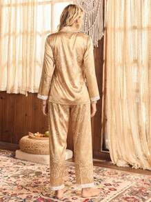 Lullawish Bohemian Lace Patchwork Satin Collar Casual Elegant Women Pajama Set, Fall Winter Clothes - Yellow - View 2