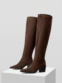 Mnmlis Autumn/Winter Fashion Pointed Toe High Heel Khaki Over-The-Knee Boots, Warm Thermal Lined Tall Riding Boots For Women For Christmas - Brown - View 2