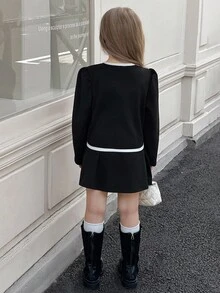SHEIN Elladie kids 2pcs Young Girls Fashion White Button Black Long Sleeve Faux Pocket Jacket Paired With Comfortable Autumn/Winter 2 In 1 Skirt Set Fall - Black - View 2