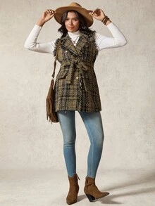 Boho Mama 孕妇格子翻领双排扣无袖优雅常规外套 - 棕色 - 查看 7