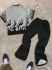 SHEIN 青少年男孩圆领 T 恤和喇叭裤休闲两件套，适合夏季 - 彩色 - 查看 2