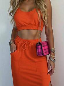 SHEIN Solid Crop Tank Top & Split Thigh Skirt - Orange - View 1