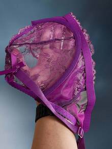 SHEIN مجموعة بليه مع رباط الدانتيل لحمالة الصدر لأحجام كبيرة، ملابس داخلية - الأرجواني - مشاهدة 7