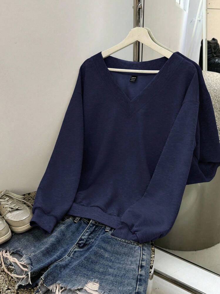 SHEIN EZwear 海军蓝女士V领宽松休闲套头连帽卫衣，适合秋冬季穿着 - 藏蓝色 - 查看 1